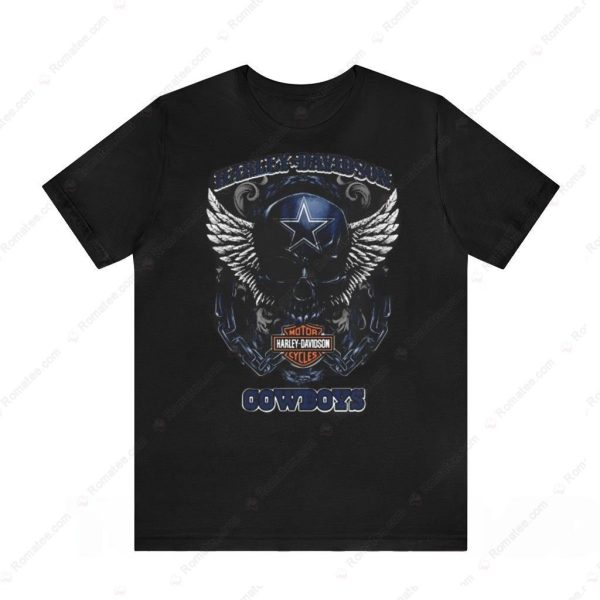 Dallas Cowboys Harley-Davidson Winged Skull Graphic Tee with Star Emblem and Wing Art