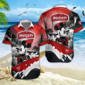 Ducati Mickey Mouse Surfing Hawaiian Shirt with Vibrant Tropical Art and Retro Design