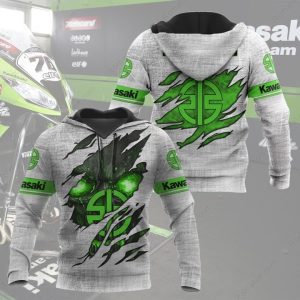 Glowing Skull Kawasaki 3D Hoodie with Neon Green Artwork and Distressed Design