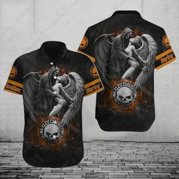 Grim Reaper and Angel Embrace Harley-Davidson Hawaiian Shirt with Dark Fantasy Artwork