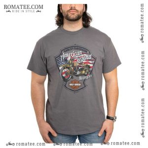 Harley Davidson American Legend Patriotic Graphic Tee with Motorcycle and Flag Design