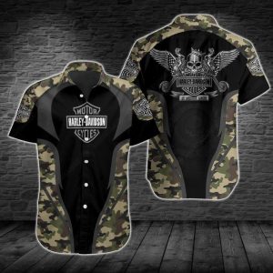 Harley-Davidson Camouflage Winged Skull Graphic Hawaiian Shirt for Bikers and Riders