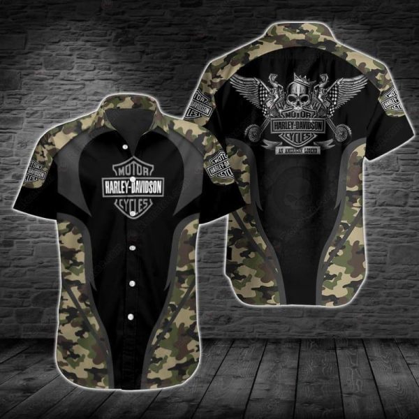 Harley-Davidson Camouflage Winged Skull Graphic Hawaiian Shirt for Bikers and Riders