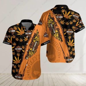 Harley-Davidson Cannabis Leaf Winged Logo Biker Shirt Black and Orange Tropical Design