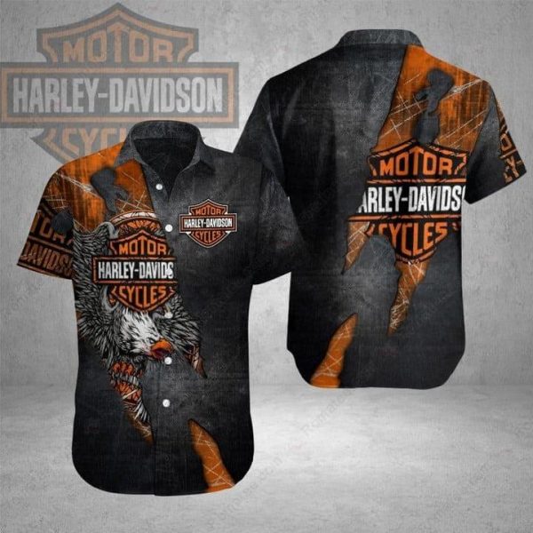 Harley-Davidson Eagle Graphic Hawaiian Shirt with Bold Motorcycle Artwork