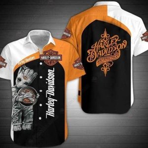 Harley-Davidson Groot Graphic Hawaiian Shirt – Vintage Marvel Art, Motorcycle Theme, Bold Colors