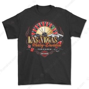 Harley-Davidson Las Vegas Roulette Wheel Graphic Tee with Dice and Flames Design