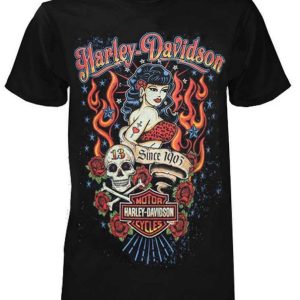 Harley Davidson Pinup Girl T-Shirt with Skull and Rose Graphic Art Design