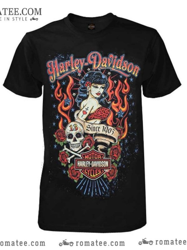 Harley Davidson Pinup Girl T-Shirt with Skull and Rose Graphic Art Design