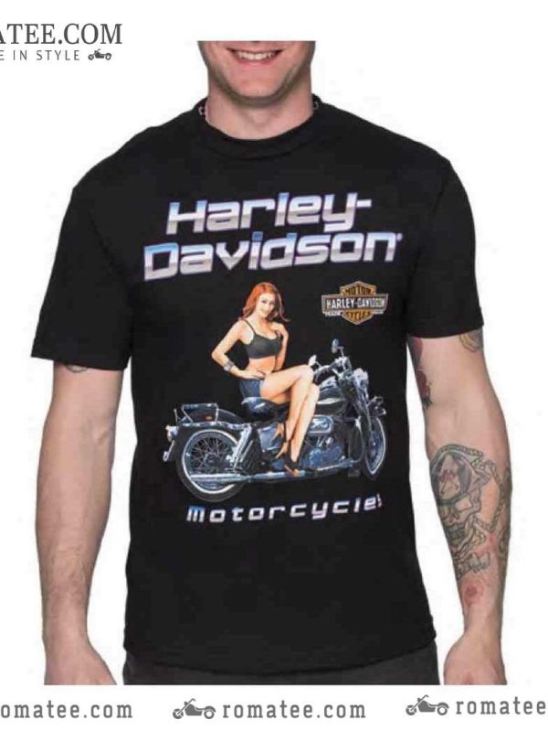 Harley Davidson Pinup Girl Vintage Motorcycle T-Shirt Art Graphic Tee for Biker Enthusiasts