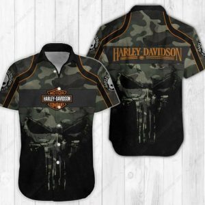 Harley-Davidson Punisher Skull Camo Hawaiian Shirt with Bold Skull and Camo Print Design