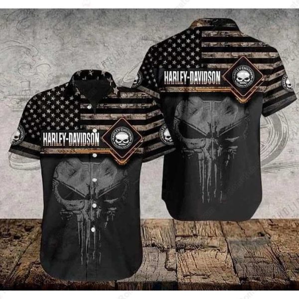 Harley-Davidson Punisher Skull Hawaiian Shirt with American Flag Graphic Design