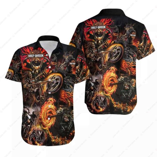 Harley-Davidson Skull Biker Flames Graphic Hawaiian Shirt for Motorcycle Enthusiasts