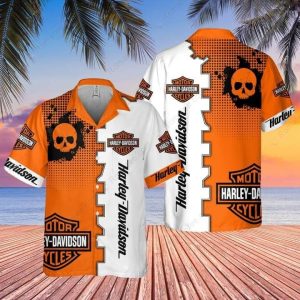 Harley-Davidson Skull Graphic Hawaiian Shirt – Orange and White Motorcycle Theme