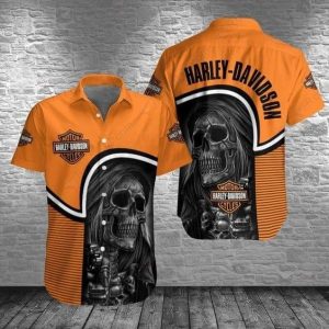 Harley-Davidson Skull Graphic Hawaiian Shirt with Vintage Motorcycle Theme