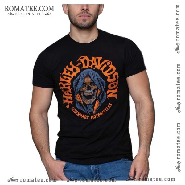 Harley Davidson Skull Graphic Tee – Legendary Motorcycles Orange & Black Design