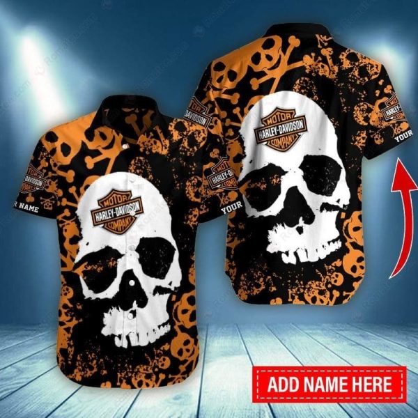 Harley-Davidson Skull and Crossbones Hawaiian Shirt with Bold Graphic Art Design