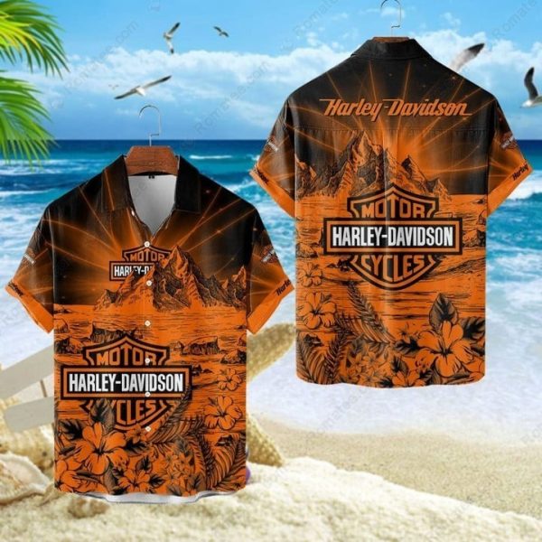 Harley-Davidson Sunset Scene Hawaiian Shirt with Tropical Mountains and Floral Design