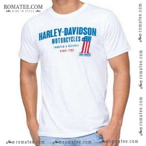 Harley Davidson Vintage Number One Graphic Tee with Classic American Flag Design