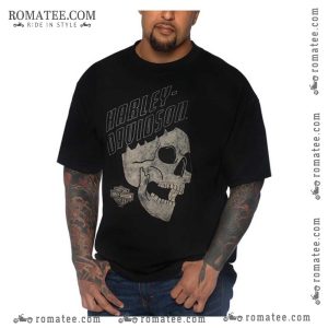 Harley Davidson Vintage Skull Graphic Tee with Distressed Logo Art