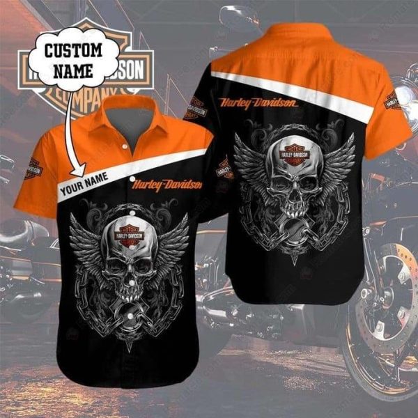 Harley-Davidson Winged Skull Custom Name Hawaiian Shirt with Chains and Iconic Logo