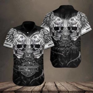 Harley-Davidson Winged Skull Graphic Hawaiian Shirt with Skull and Wings Design