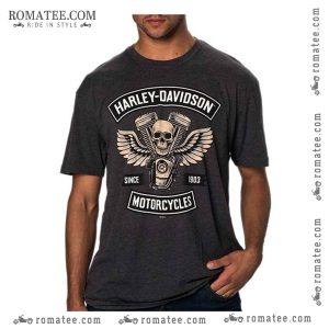 Harley Davidson Winged Skull Since 1903 Graphic Tee with Engine Design