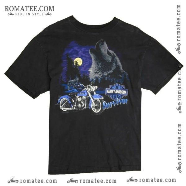 Harley Davidson Wolf Howling at Moon Night Graphic Tee with Vintage Motorcycle Design