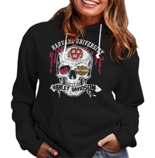 Harvard University Harley Davidson Skull Graphic Hoodie with Vintage Artwork