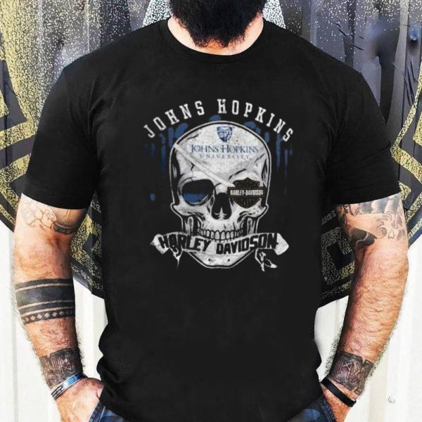 Johns Hopkins University Harley Davidson Skull Graphic Tee with Distressed Artwork