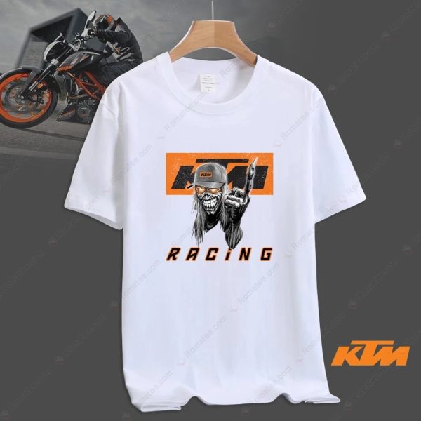 KTM Skull Graphic T-Shirt with Hair and Racing Theme for Motorcycle Enthusiasts