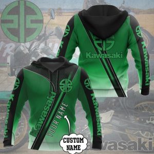 Kawasaki Custom Name 3D Hoodie with Bold Green Graphics and Motorcycle Theme