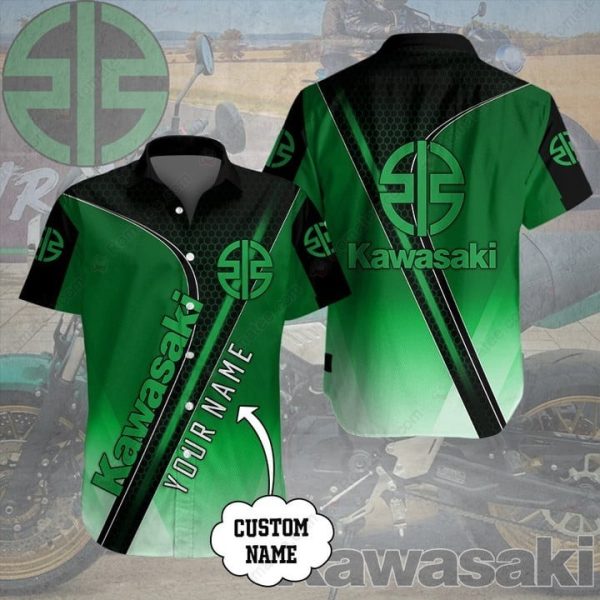 Kawasaki Custom Name Geometric Green Black Hawaiian Shirt with Logo Design