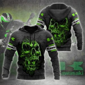 Kawasaki Glowing Skull Hoodie with Neon Green Skull Art and Grunge Texture Design