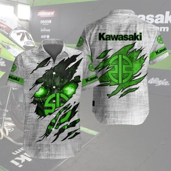 Kawasaki Glowing Skull Torn Hawaiian Shirt with Green Skull and Distressed Design