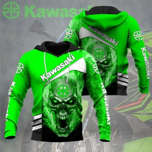 Kawasaki Green Fire Skull 3D Hoodie with Striking Skull Art and Vivid Flame Design