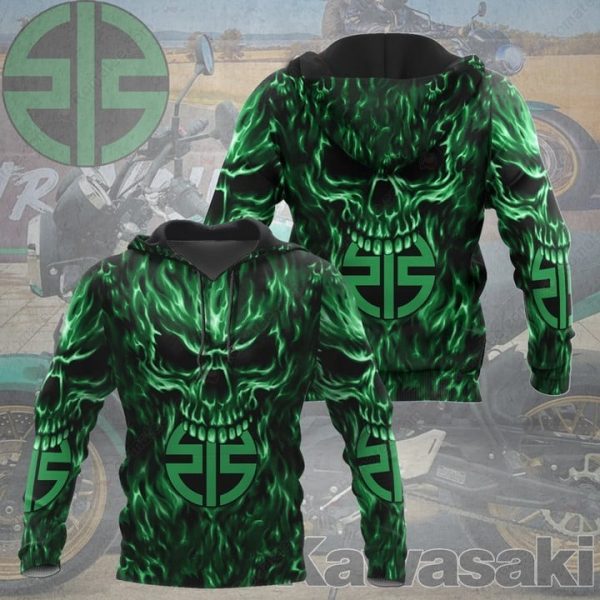 Kawasaki Green Flame Skull 3D Hoodie with Fiery Skull Graphic and Logo Design