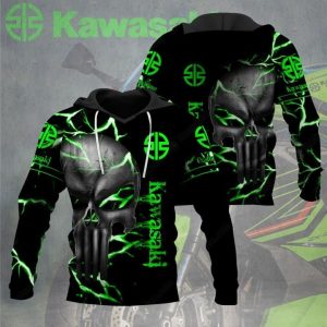 Kawasaki Green Lightning Punisher Skull Hoodie with Electric Skull Design and Neon Accents