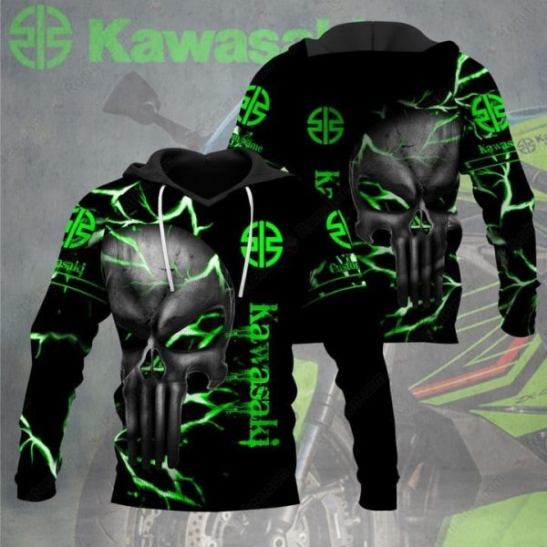 Kawasaki Green Lightning Punisher Skull Hoodie with Electric Skull Design and Neon Accents