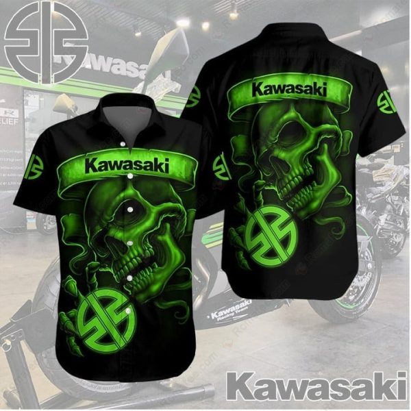 Kawasaki Green Skull Graphic Hawaiian Shirt with Bold Skull Art and Logo Design