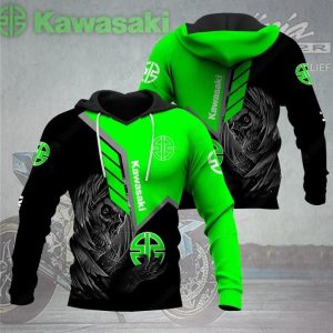 Kawasaki Green Skull Wing Hoodie with Bold Graphic Art and Motorcycle Theme