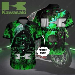 Kawasaki Grim Reaper Flame Art Custom Name Hawaiian Shirt for Bikers