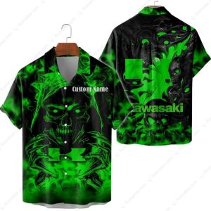 Kawasaki Grim Reaper Flaming Skull Hawaiian Shirt with Custom Name