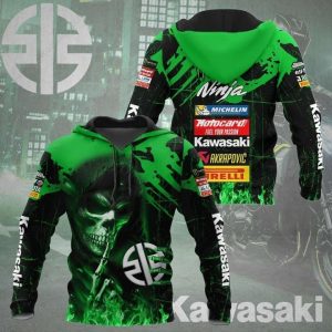 Kawasaki Grim Reaper Hoodie with Flame Design and Hush Sign – Bold Motorcycle Art Apparel