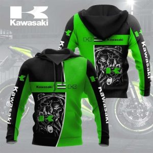 Kawasaki Grim Reaper Hoodie with Skull Art and Bold Green Black Design