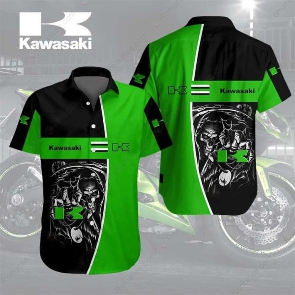 Kawasaki Grim Reaper Skull Art Hawaiian Shirt with Bold Logo and Green Accents