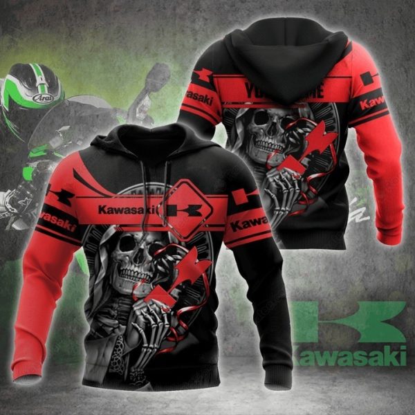 Kawasaki Grim Reaper Skull Artwork Hoodie with Bold Kawasaki Logo Design