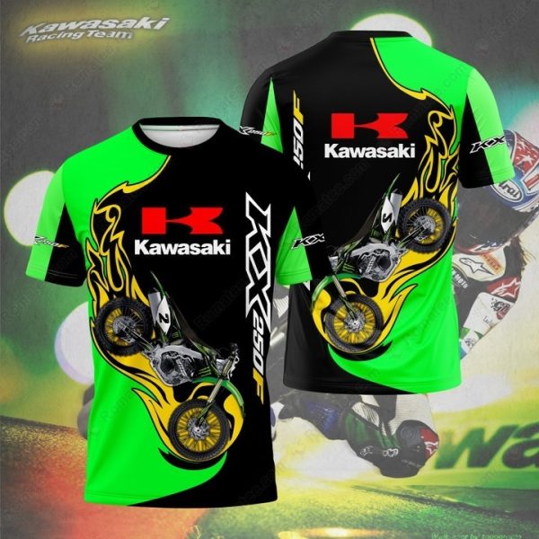 Kawasaki KX250F Racing T-Shirt with Bold Flames Graphic and Iconic Logo Design