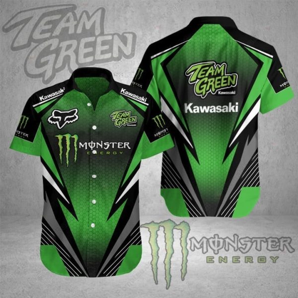 Kawasaki Monster Energy Racing Team Green Graphic Hawaiian Shirt with Bold Logo Design