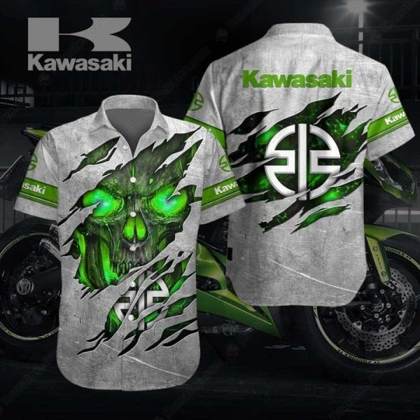 Kawasaki Motorcycle Glowing Skull Graphic Hawaiian Shirt with Logo and Green Accents